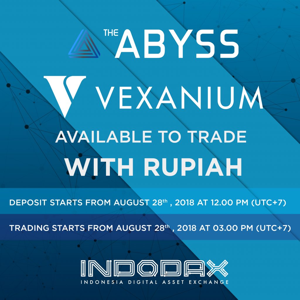 Indodax Umumkan The Abyss dan Vexanium Tersedia Mulai 28 Agustus 2018