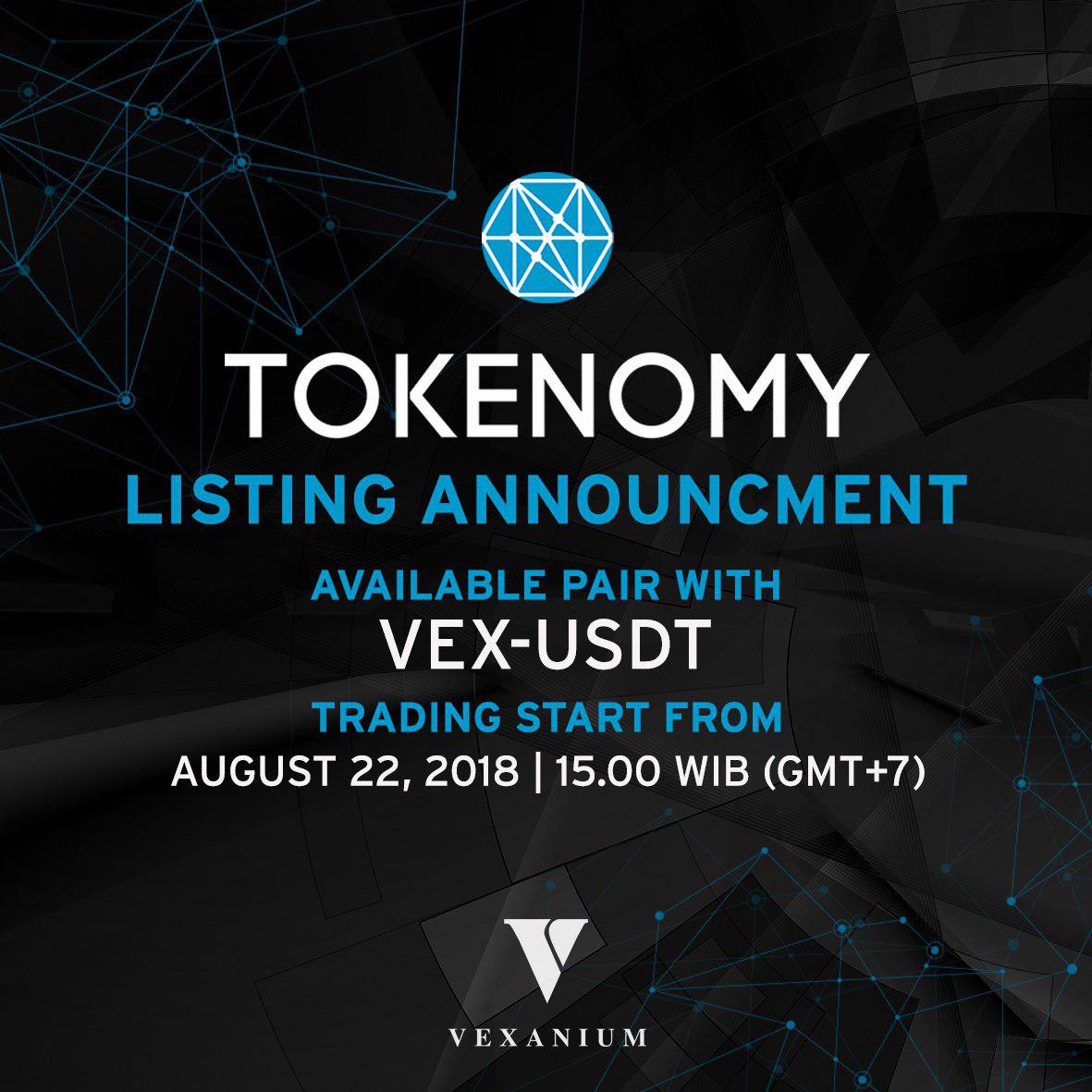 Tokenomy Exchange buka perdagangan VEX/USDT pada 22 Agustus 2018