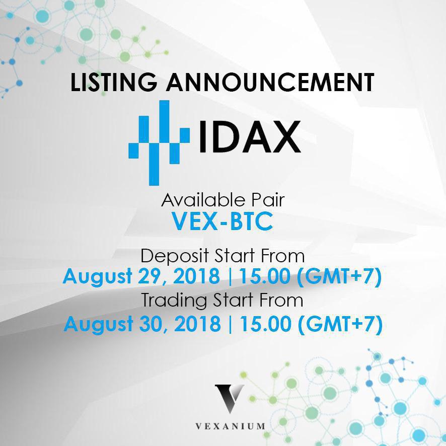 VEX/BTC Tersedia di IDAX Mulai 29 Agustus 2018