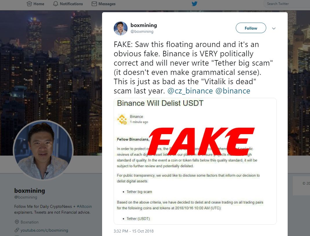 Tweet @Boxmining mengenai rumor Binance - USDT