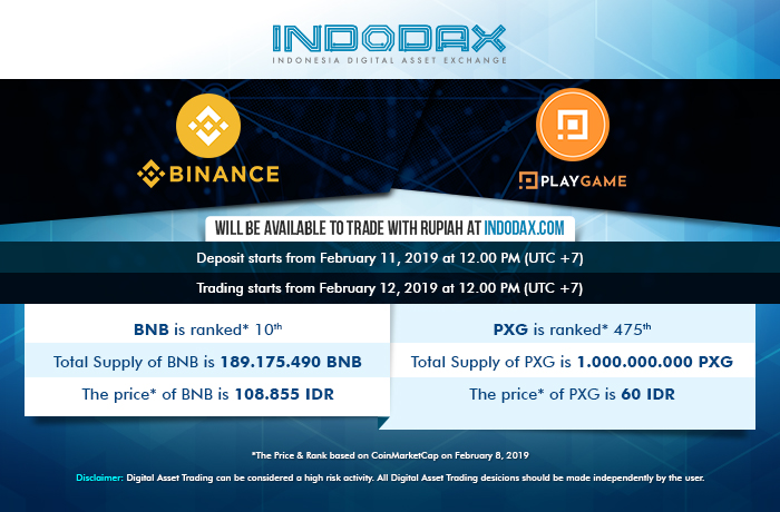 Indodax Umumkan Listing BNB dan PXG